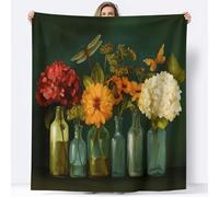 Couverture de Vase À Fleurs Hortensias Libellules Canapé Lit, Plaid de Peinture À L’Huile Vintage Chaise Douce Jeté en Flanelle Imprimée - Couvertures Polaire Chaud Cadeau Maison, 200 x 220 cm