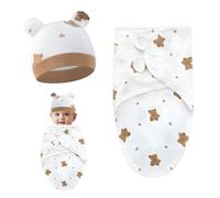 Couverture D'emmaillotage pour Bébé,73 x 50 cm Enveloppante Bébé Couvertures Emmailloteus,0-6 Mois Sac Couchage Emmaillotage avec Chapeau,Coton Gigoteuse Emmaillotage,Unisex(Motif Ours Brun)