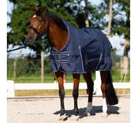 Imperial Riding IRHBasic Couverture d'extérieur 400 g à col Haut - Matériau résistant aux intempéries - Soufflet d'aisance - Polyester 600D - Sangles croisées - Lacets de Queue et de Jambe - Bleu