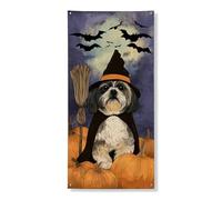 Couverture d'Halloween pour chien - Bannière décorative - Chien de sorcière mignon avec citrouilles et chauves-souris - Décoration de porte d'entrée - Fournitures de vacances festives d'intérieur et