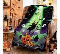 Couverture d'Halloween sur le thème de l'enlèvement de chat spatial 127 x | Thème enlèvement de vaisseau spatial, couverture en flanelle, motif fantôme ludique, toile de fond nuit étoilée