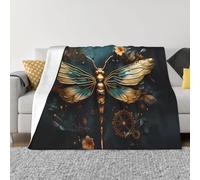 Couverture douce anti-boulochage - 127 x 101,6 cm - Design pliable - Couleur dorée - Motifs délicats de libellules pour les voyages et les activités de plein air