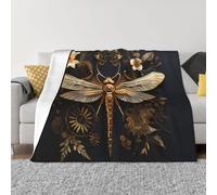 Couverture douce anti-boulochage - 127 x 101,6 cm - Design pliable - Tendance - Motifs de libellules exquis - Doré - Pour les voyages et les activités de plein air