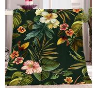 Couverture Douce en Flanelle Plante à Fleurs Tropicales Imprimée Couverture 127 x 152 cm pour Adultes Canapé Décoration Vert foncé Polyvalente Couverture Douillette - Hiver Chaude Couverture