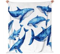 Couverture Douillette Animaux Baleines à l'aquarelle Couverture en Flanelle,Moelleuse, Douce et Chaude Bleu Blanc de canapé pour Adolescents et Adultes 130 x 150 cm