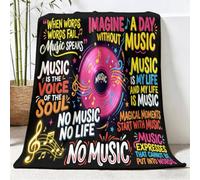 Couverture Douillette avec Disque Vinyle Notes De Musique Citations Alphabet Motif, 70 x 100 cm Couverture Flanelle Douce et Chaude, Vintage Art Confortable Couvertures de Canapé Salon Décor, Noir