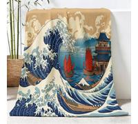 Couverture Douillette avec Vagues Bateau Architecture Ancienne Motif, 130 x 150 cm Couverture Flanelle Douce et Chaude, Japonais Vintage Confortable Couvertures de Canapé Salon Décoration, Bleu