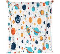 Couverture Douillette Planète Spatiale de Dessin animé Fusée Couverture en Flanelle,Moelleuse, Douce et Chaude Blanc Multicolore de canapé pour Adolescents et Adultes 150 x 200cm