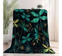Couverture Douillette pour Enfant avec imprimé Fantaisie Feuilles Libellules Textures - Vert foncé Jolie Couverture Polaire en Flanelle - Chaude et Confortable 130×150 cm, Camping pour Adultes