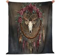 Couverture en Fausse Cachemire Fourrure en Peluche 100 X 130 Cm Bohème Attrape-Rêves Crâne De Cerf Marron Rouge Douce Et Confortable Plaid Canape pour Canapé Et Lit Chambre À Coucher Bureau