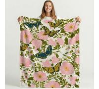 Couverture en Flanelle 180cm x 200cm Douce et légère à Motif Vintage Paisible Papillon Fleurs pour Adultes, Rose Vert Couverture Parfaite pour canapé lit décoration