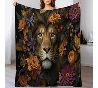 Couverture en Flanelle avec Fleurs Et Lions - Extra Douce Decke Mit Portraits d'animaux Sauvages - pour Canapé, Canapé, Lit, Lit, Bébé, Femme, Homme, Enfant - Couleurs Mélangées 130 X 150 Cm