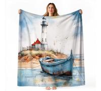 Couverture en Flanelle Bleu-Gris - Aquarelle Effet Vieilli Bateau en Bois Phare Imprimée légère Légères Couverture de Lit Douce Chaude Jeté de Canapé Flanelle Parfait pour Enfant, 130 x 150 cm