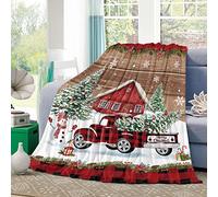 Couverture en Flanelle Christmas Red Truck Wood Barn Country Snowy Xmas Tree Légère Couverture Plaid Confortable Couverture De Lit pour Canapé Lit Chambre 80"x60"