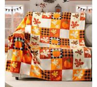 Couverture en flanelle citrouille d'automne - Couverture polaire - Motif feuilles d'automne - Confortable, douce et chaude - Décorations d'Halloween - Pour fille, femme, adultes (130 x 150 cm)