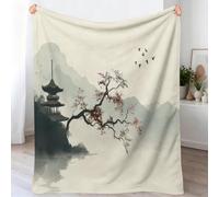 Couverture en Flanelle, Couverture Imprimée Style Chinois Traditionnel Paysages Architecture Ancienne Douce et Chaude, Couvertures Gris Clair Léger, pour Lit Canapé Chambre à Coucher, 150 x 200 cm