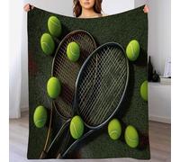 Couverture en Flanelle, couvertures moelleuses Douces, Enfants/Couverture de canapé Adultes200 x 200cm,Thème Sportif Balles de Tennis et Raquettes de Tennis Vert