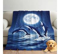 Couverture en Flanelle Douce douillette Cartoon Nocturne, 200x200 cm | Couverture polaire Confortable douce et chaude Dauphin Pleine Lune, Bleu Marine Plaid de canapé lit Décor pour Enfants salon