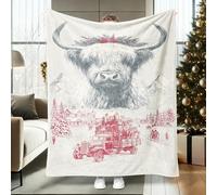 Couverture en flanelle douce et légère pour canapé, lit, dortoir, chaise longue, motif vache Highland vintage, couronne de Noël vintage, camion de Noël, rouge, 127 x 152 cm