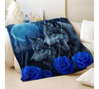 Couverture en flanelle douce imprimée loup au clair de lune surréaliste rose bleue surréaliste pour nuits romantiques et décoration d'intérieur (03, 100 x 150 cm)
