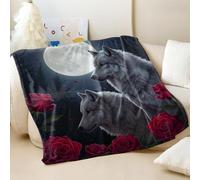 Couverture en flanelle douce imprimée loup au clair de lune surréaliste rose bleue surréaliste pour nuits romantiques et décoration d'intérieur (01, 130 x 150 cm)