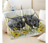 Couverture en flanelle imprimée bétail des Highland gris et marguerites roses, couverture douce et confortable pour décoration d'intérieur et voyage, 04, 75 x 100 cm