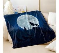 Couverture en flanelle imprimée loup hurlant sous la pleine lune - Style forêt rêveuse super douce - Couverture de lit pour les amoureux des animaux (04, 130 x 150 cm)