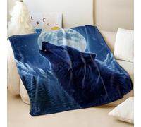 Couverture en flanelle imprimée loup hurlant sous la pleine lune - Style forêt rêveuse super douce - Couverture de lit pour les amoureux des animaux (02, 100 x 150 cm)