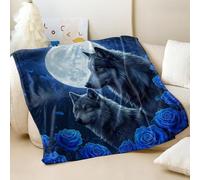 Couverture en flanelle imprimée loup hurlant sous la pleine lune, style forêt rêveuse super douce, couverture de lit pour les amoureux des animaux (03, 180 x 200 cm)