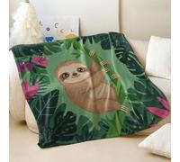 Couverture en flanelle imprimée paresseux mignon et plante tropicale, super douce et confortable pour enfants et amoureux des animaux, décoration de chambre (02, 150 x 200 cm)