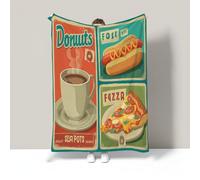 Couverture en Flanelle Motif Café Hot-Dog Pizza Plaid Canapé Paresseux Affiche Vintage Ultra Douce Et Chaude Flanelle Cadeau Couvertures Lit Sarcelle pour Garçon Enfant 220X240Cm