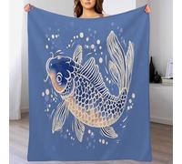 Couverture en Flanelle Poissons Koi Aquarelle, Couverture Style D'Estampe Japonaise, Légères Bleu Couvertures pour Voyager Lit Ou Canapé 220x240cm