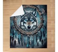 Couverture en flanelle pour enfants, attrape-rêves loup, animal du sud-ouest bohème, couverture de lit, motif tribal mystérieux pour filles et garçons, couverture pelucheuse bleu foncé, 101,6 x 127 cm