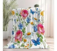 Couverture en Flanelle Ultra Douce et Chaude 130×150 cm, Blanc Plaid 3D Dessin Animé pour Enfants, Jeté de Canapé et Couvre-Lit Salon, Motif Floral Aquarelle Papillon Rose