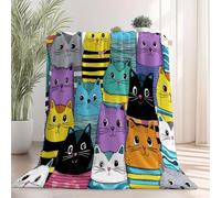 Couverture en Flanelle Ultra Douce et Chaude 150×200 cm, Jaune Plaid 3D Dessin Animé pour Enfants, Jeté de Canapé et Couvre-Lit Salon, Motif Mignon Chat Rayures