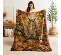 Couverture en forme de chouette et de feuilles d'automne - Marron - Couverture pelucheuse compacte et décorative pour canapé, lit, chaise, voiture, bureau, 101,6 x 152,4 cm