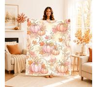 Couverture en forme de citrouilles - Motif feuilles d'érable et vigne d'automne - Pêche - Couverture pelucheuse compacte et décorative pour canapé, lit, chaise de bureau inclinable - 101,6 x 127 cm