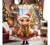 Couverture en fourrure à motif de vache Highland, sapin de Noël, bonhomme de neige, couverture pelucheuse confortable et légère pour canapé, sofa, lit, chaise de bureau, 127 x 152 cm