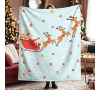 Couverture en fourrure avec motif de Père Noël, motif traîneau de renne, bleu clair, confortable, léger, décoration pour canapé, sofa, lit, bureau, dortoir, travail, 101,6 x 127 cm