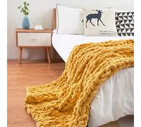 Couverture en tricot épais doux faite à la main | Jeté en tricot torsadé épais et chaud pour canapé, lit, fauteuil et jardin | Couverture jaune confortable pour décoration d'intérieur 150 x 200 cm