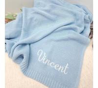 Couverture en tricot personnalisée pour bébé avec nom, couverture brodée pour nouveau-né, crèches, poussette, couverture de siège de voiture (bleu clair, 80 x 100 cm)