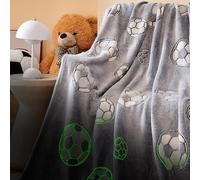 Couverture enfant plaid polaire - 200 x 150 cm couverture douillette phosphorescente, adapté à toutes les saisons, cadeau pour garçons et Filles Noël anniversaire ou pâques(football gris argenté)