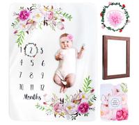 Couverture Etape Bébé: Doux Rose Fleurie Tapis Mois Bébé, Set Complet Tapis Photo, Accessoires Soigneusement Conçus, Cadeau Naissance, für Prises de Photos Souvenirs 130x100cm