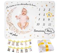 Couverture Etape Bébé en Français | Inclut Guirlande Photo Anniversaire 1 An | Tapis Mois Bebe Garçon Ou Fille, Unisexe | Lune, Étoiles | Cadeau Baby-Shower Personnalisé Jeunes Mamans| Star Banner