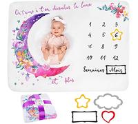Couverture Etape Bébé en Français | Tapis Mois Bebe Garçon Ou Fille, Unisexe | Thème Lune, Fleurs | Cadeau Baby-Shower Personnalisé Jeunes Mamans | Tapis Photo Bebe | Doux, Confortable