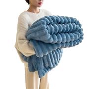 Couverture extra-épaisse en fausse fourrure de lapin, imitation de fourrure de lapin pour adultes, couverture douce et chaude en peluche, adaptée pour les lits, canapés, voyages et bureau (Bleu