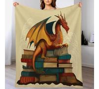Couverture Flanelle 130 × 150 cm Adulte Dragon sur Livres, Moelleuse Plaid Canape Polaire en Microfibre, Contes Fées Bêtes Mythiques Couverture Lit 1 Personnes Douce et Chaude