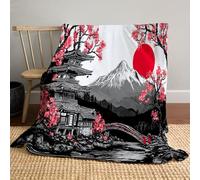 Couverture Flanelle 130x150 cm, Couverture Rouge Imprimé Fleurs De Cerisier Pagode Doux et Confortables, Couverture de Canapé Peinture À L'Encre Traditionnelle Japonaise Lavable, pour Canapé et Lit