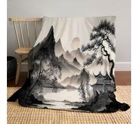 Couverture Flanelle 200x220 cm, Couverture Noir Blanc Imprimé Montagnes Eau Pavillons Pins Doux et Confortables, Couverture de Canapé Style De Peinture À L'Encre Chinoise Lavable, pour Canapé Lit