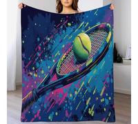 Couverture Flanelle 220x240 cm, Couverture Bleu Imprimé Raquette De Tennis Balle De Tennis Doux et Confortables, Couverture de Canapé Équipement Sportif Éclaboussure D'Encre Lavable, pour Canapé Lit